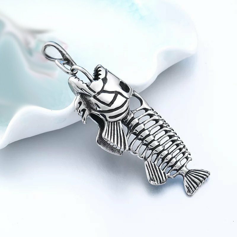 MENDEL Mens Fishing Fish Bone Skeleton Hook Necklace Pendant Stainless Steel Men