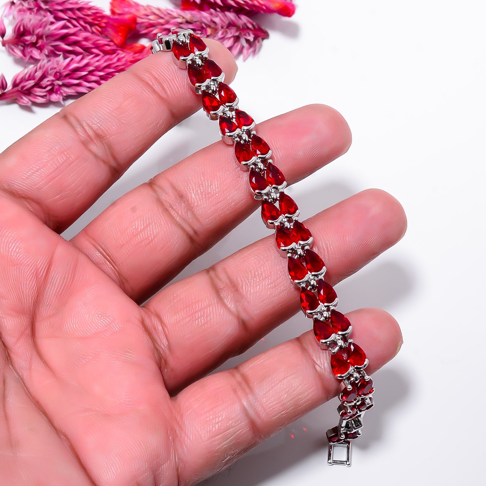 Ruby – Simulated)Spinel 925 Sterling Silver Adjustable Bracelet 7-8″ B131010