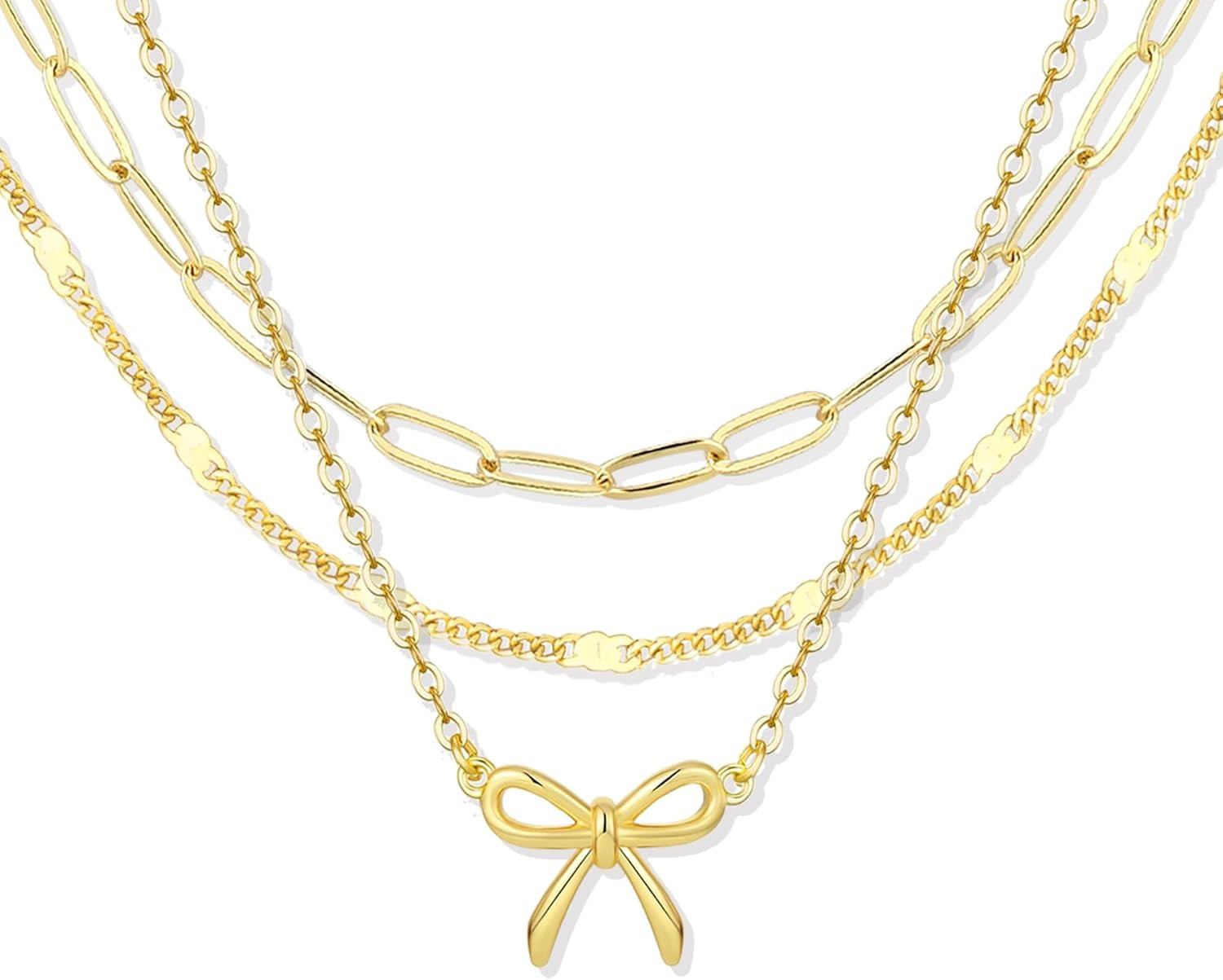 Layered Glod Bow Necklaces for Women 14K Gold Plated Stackable Dainty Choker Nec