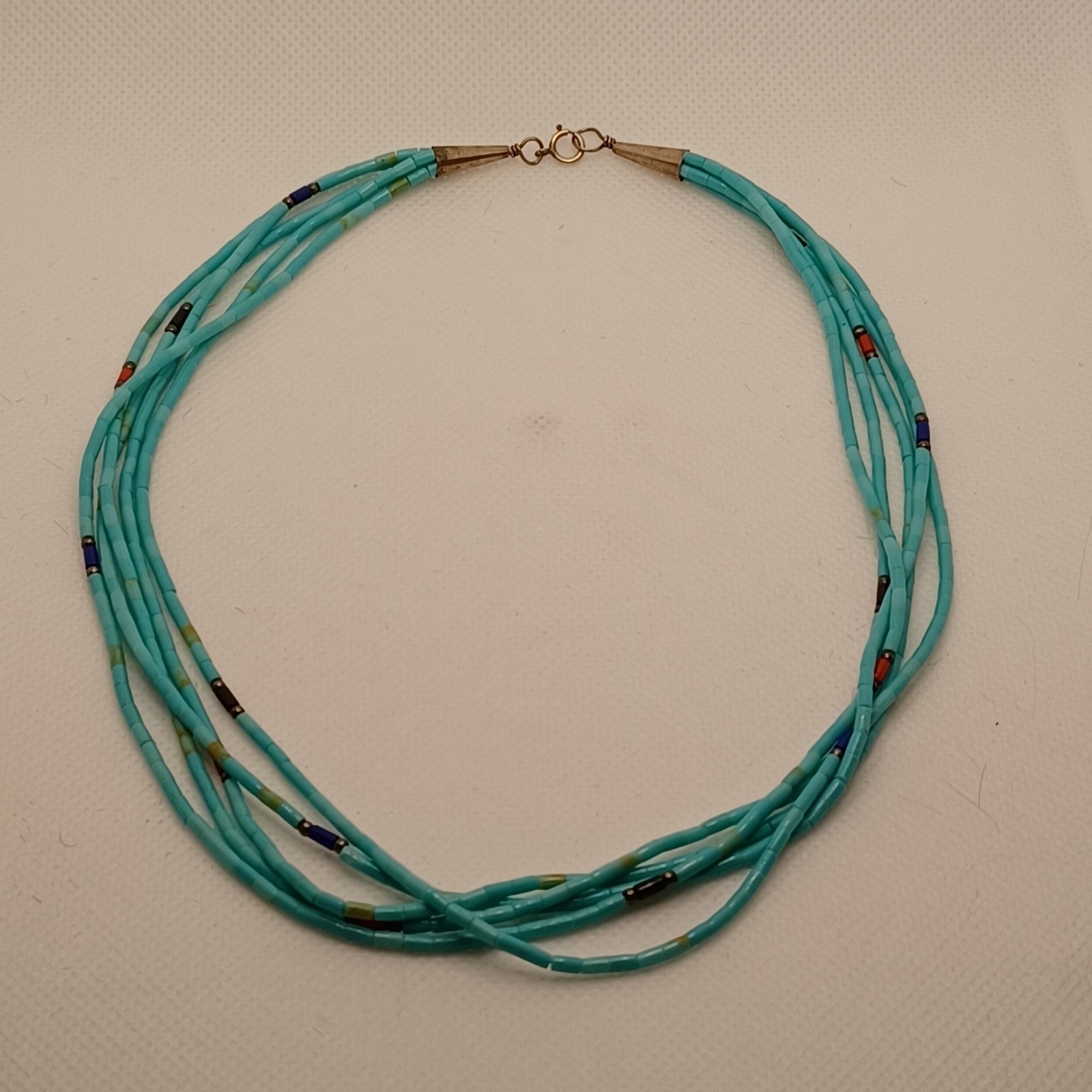 Blue Turquoise 5 strand Navajo Liquid Sterling Silver Necklace 16” sunrise mark