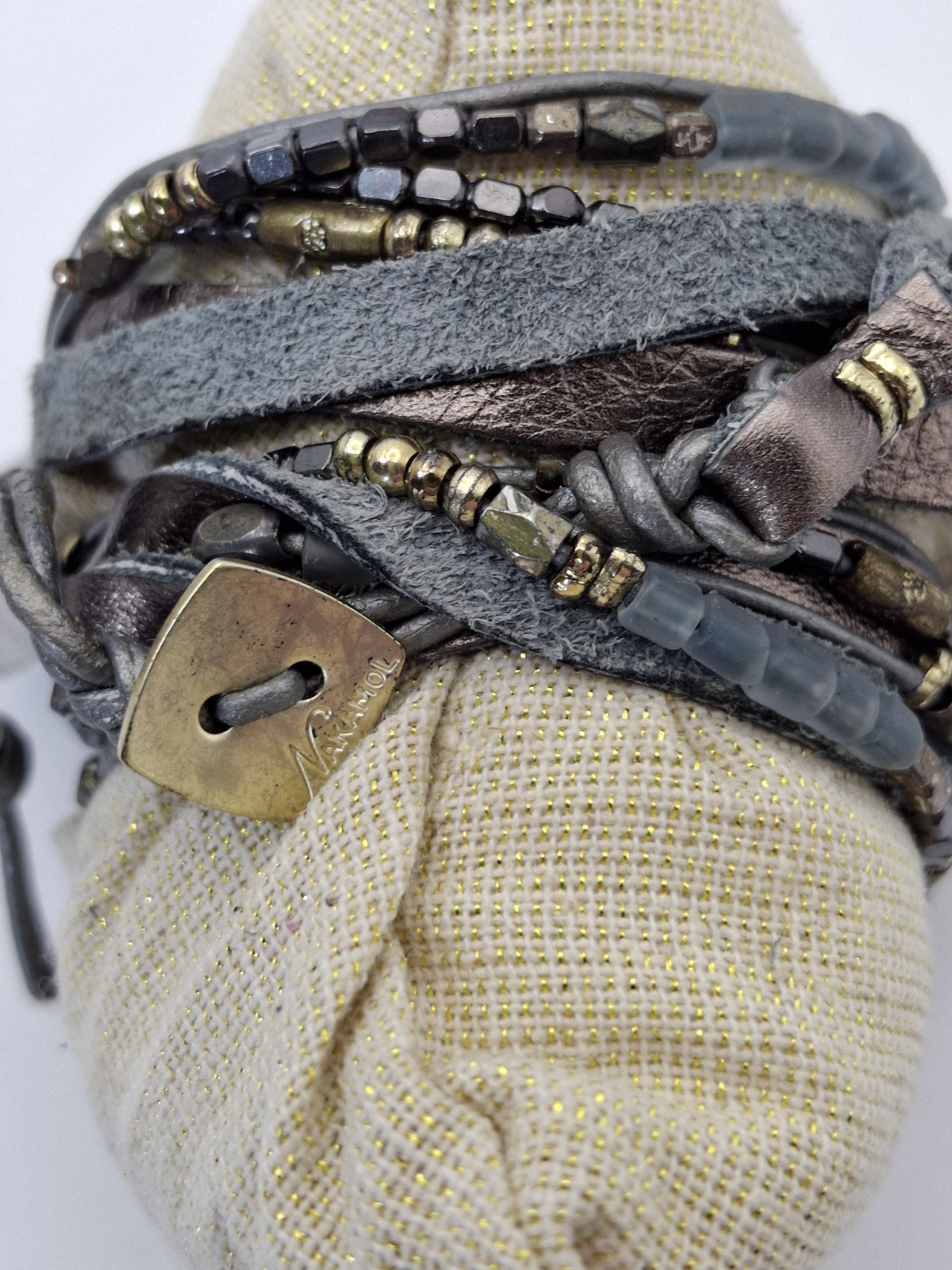 Nakamol Beaded Wrap Bracelet with Smokey Faceted Crystal focal gray leather