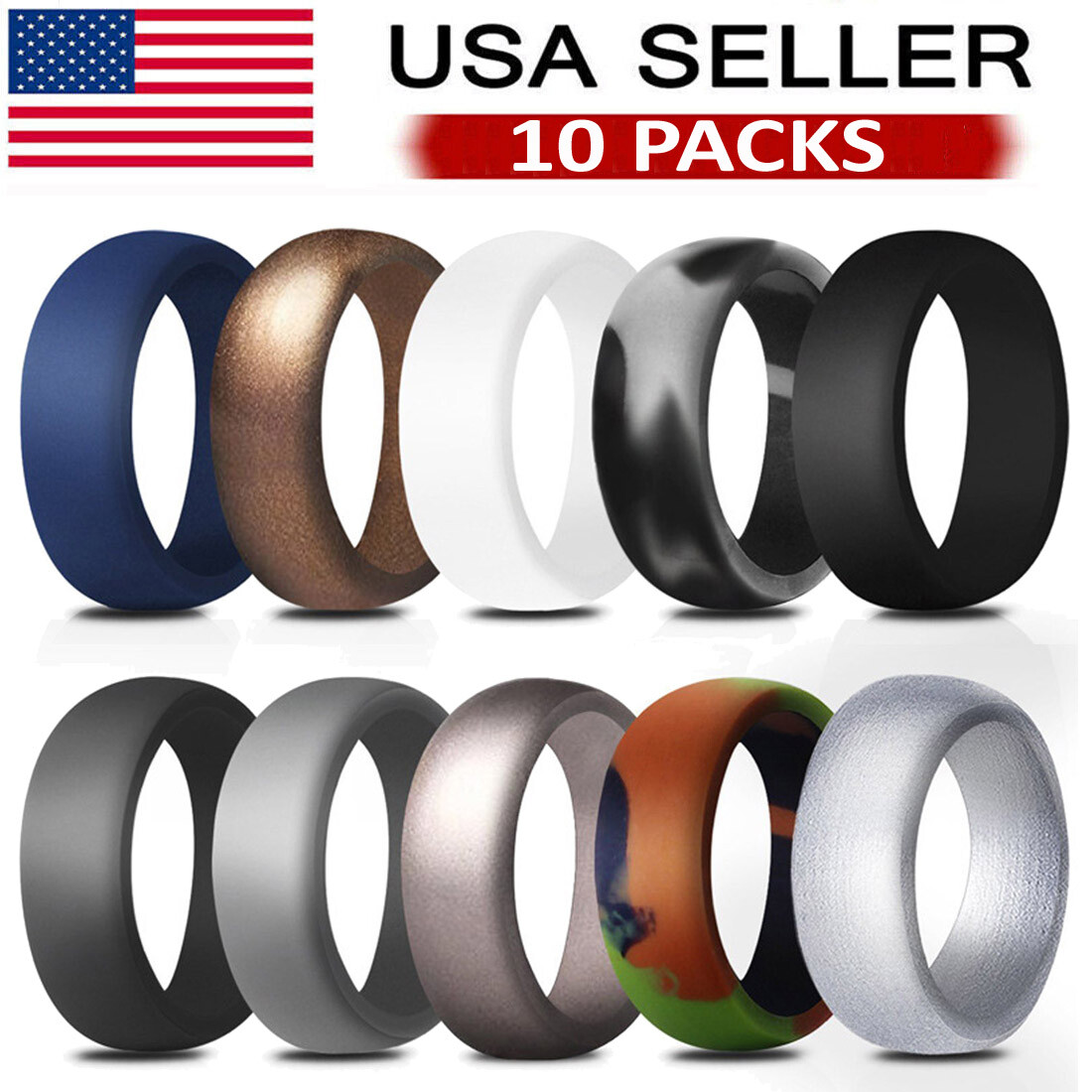 10PACK Silicone Wedding Rings for Men Rubber Sport Engagement Bands- 8.7mm Wide