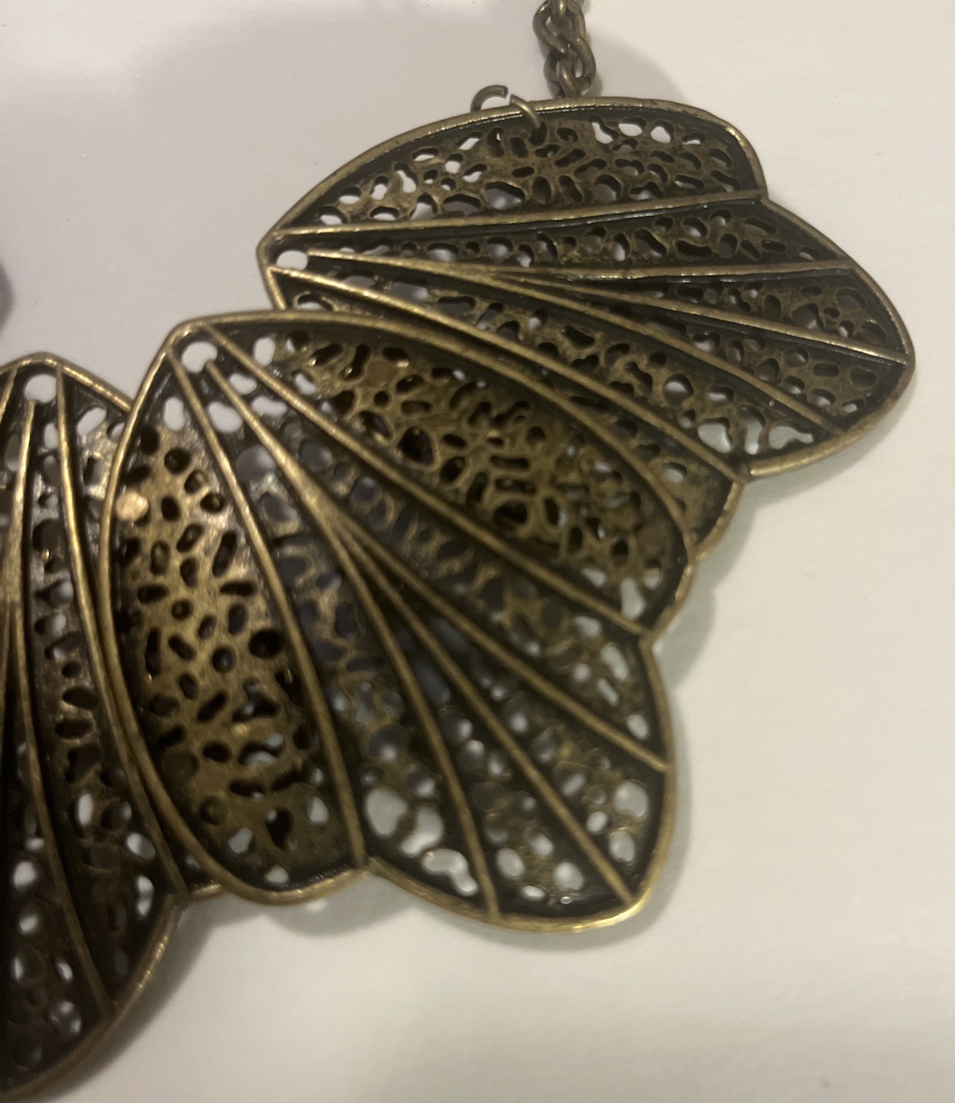 Antique Brass Statement Necklace Filagree Leaves 21 Inches Fashion Jewelry