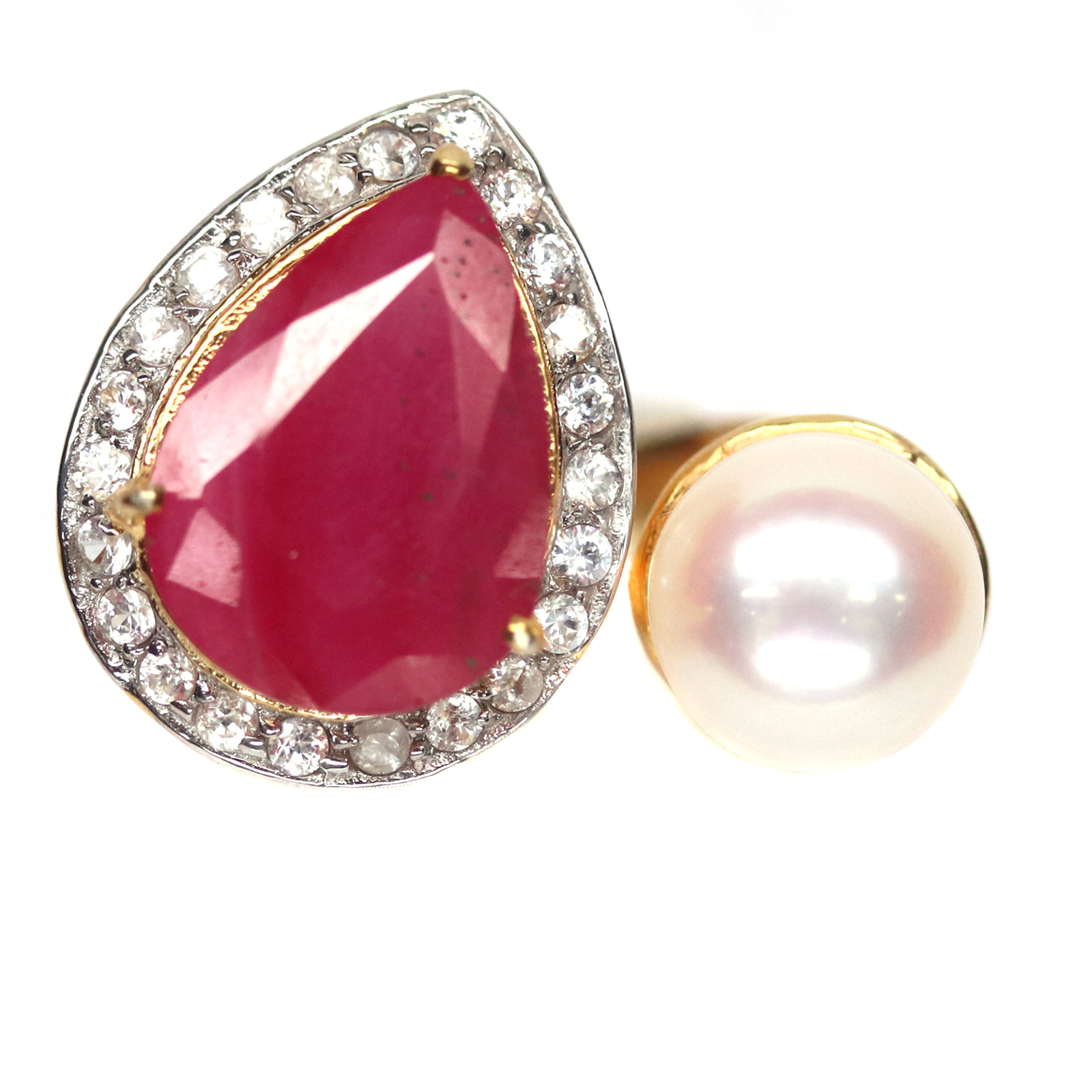 Ruby Pearl Ring 925 Silver Red Gem Halo Zircon 13x18mm Statement