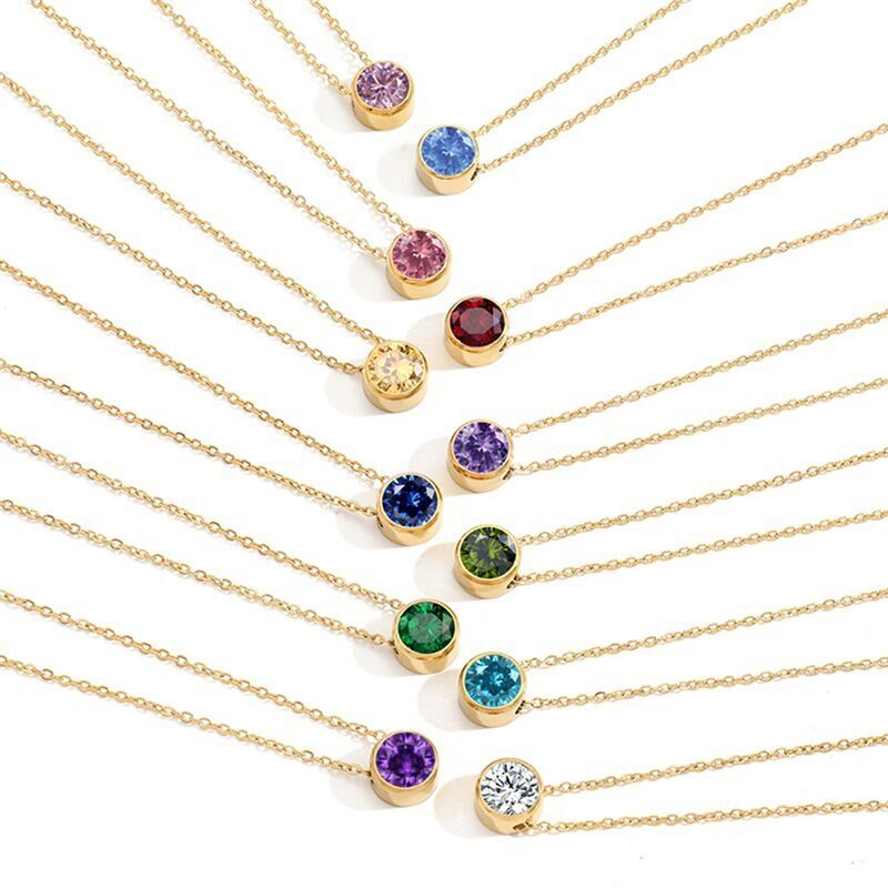 12 Colors Woman 14K Gold Plate Multicolor CZ Round Pendant Charm Chain Necklace