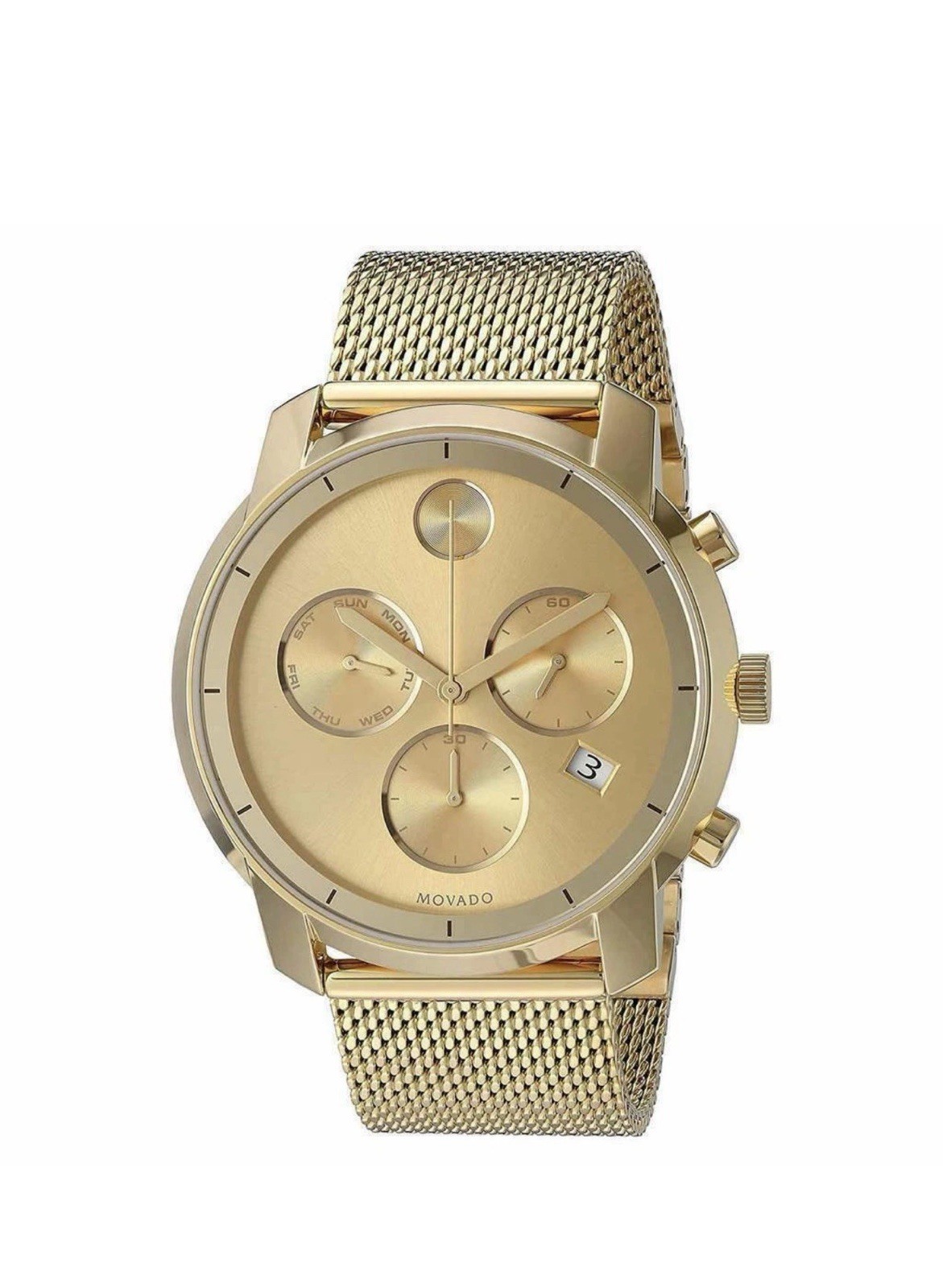 Brand New Movado Bold Men’s PVD Yellow Gold 44mm Mesh Band Watch 3600372