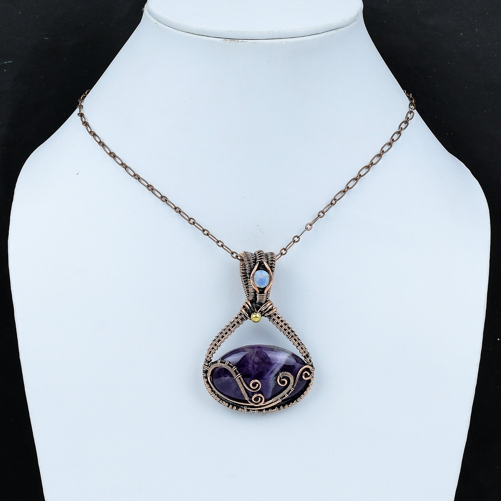 Chevron Amethyst Gemstone Jewelry Copper Love Gift Wire Wrapped Pendant 2.56″