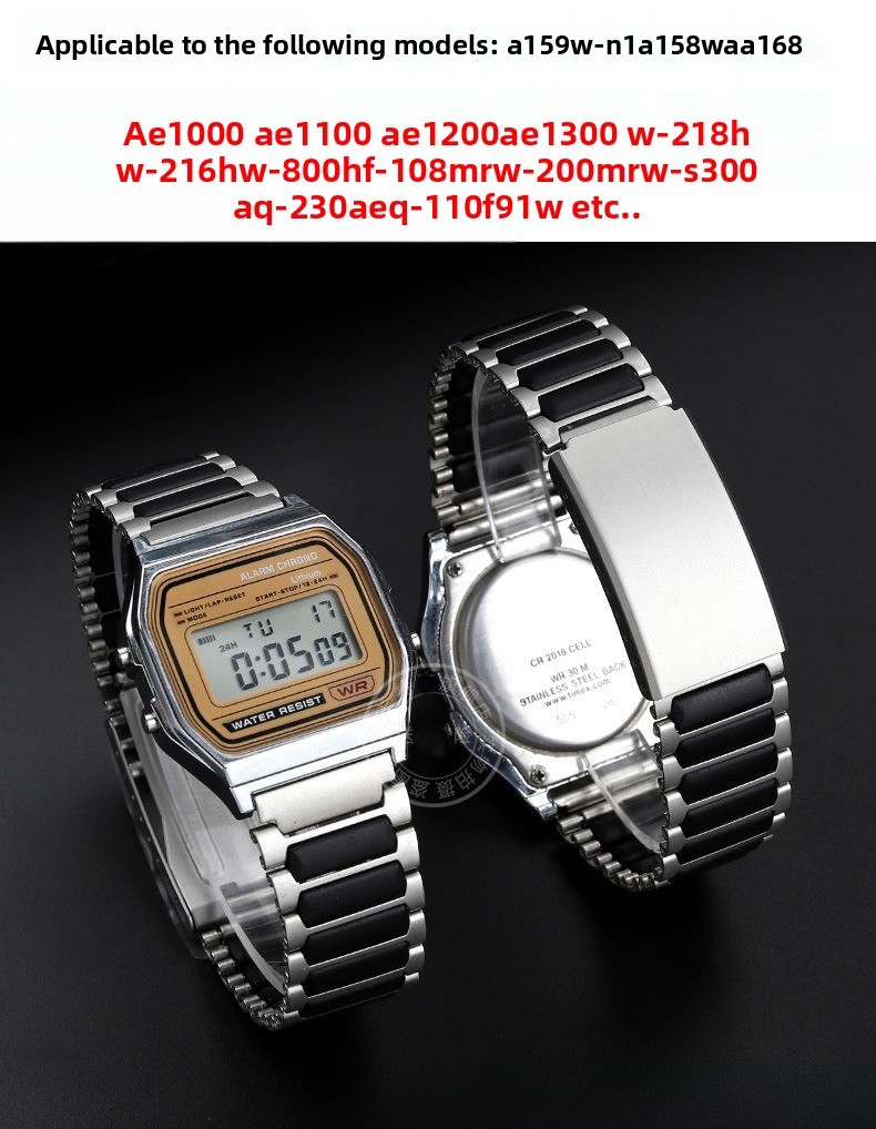 For Casio A159W-N1 A158 A168 Etro Square-link Stainless Steel Rubber Watch Strap