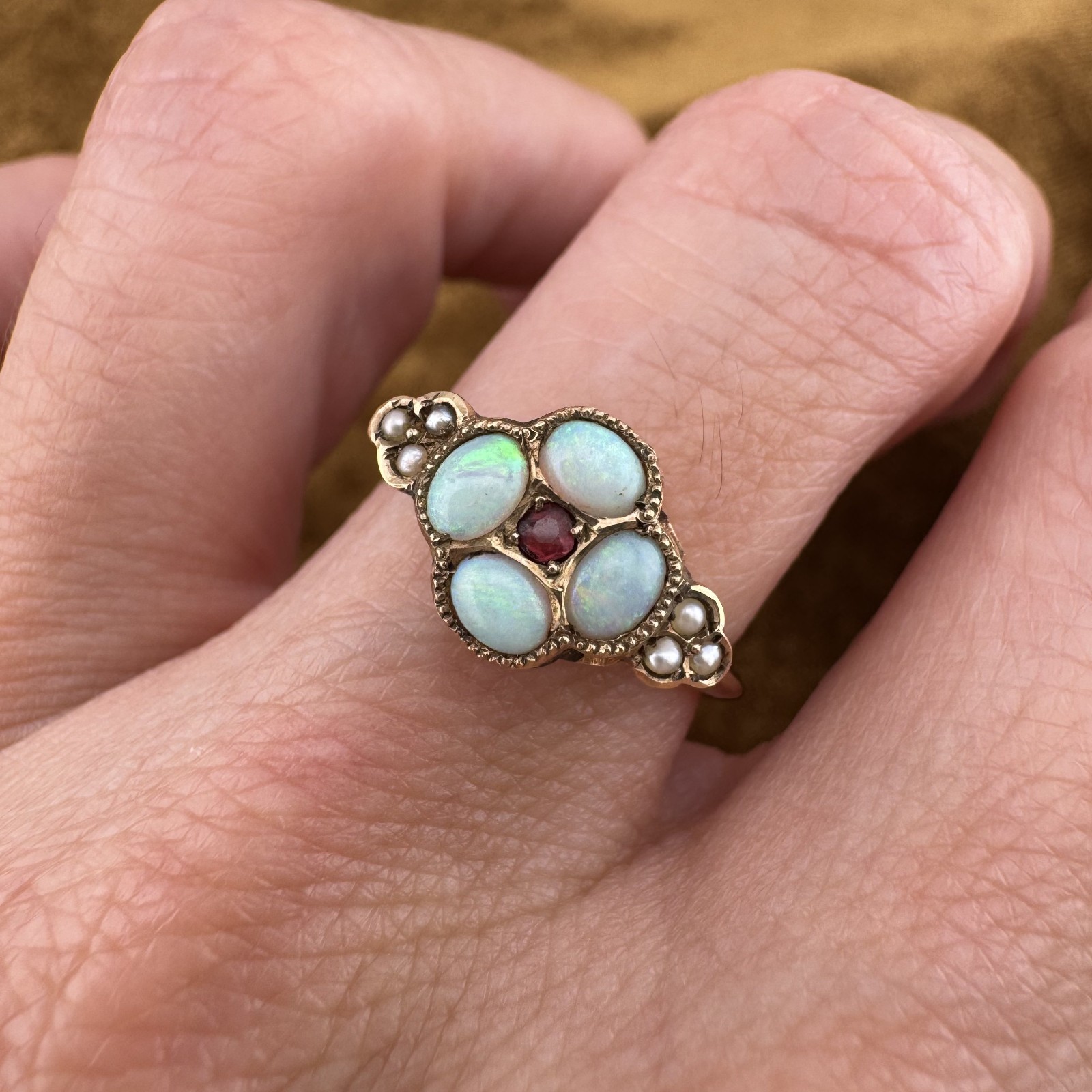 Antique Victorian 9K Yellow Gold Natural Opal & Seed Pearl Cluster Ring Size 5.5