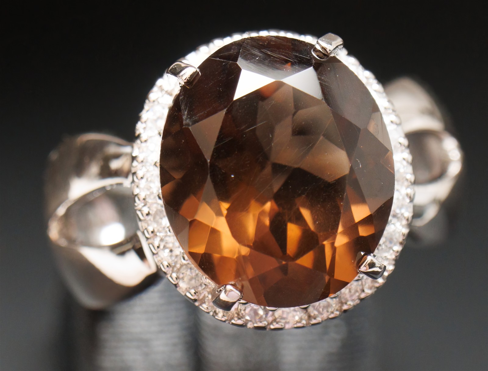 Size 8.75 Brown Smoky Quartz Cocktail CZ Halo Sterling Silver Ring