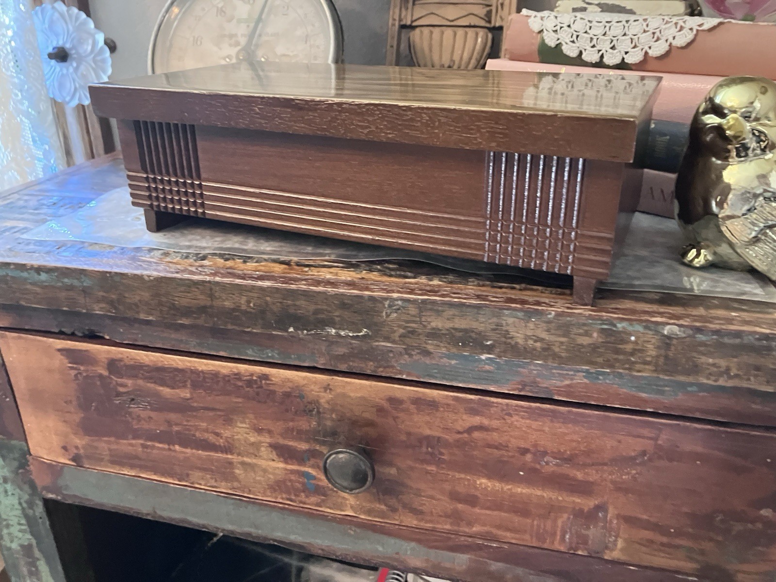 Vintage MCM Mid Century Modern Wood Jewelry Music Box Men’s Lacquer Top 60/70’s
