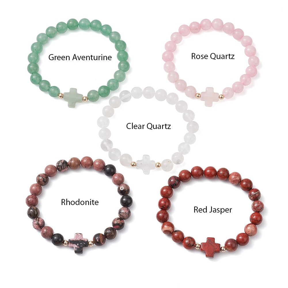 8mm Stretchy Stone Bracelets Assorted Cross Gemstone Beads Healing Reiki T61