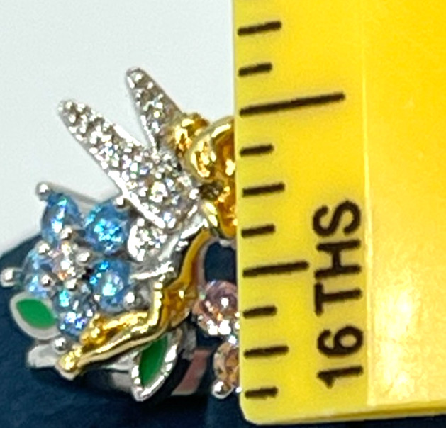 Ring Silver Tone Multi-Color Crystal Flowers w/Gold & Silver Flying Fairy Size 6