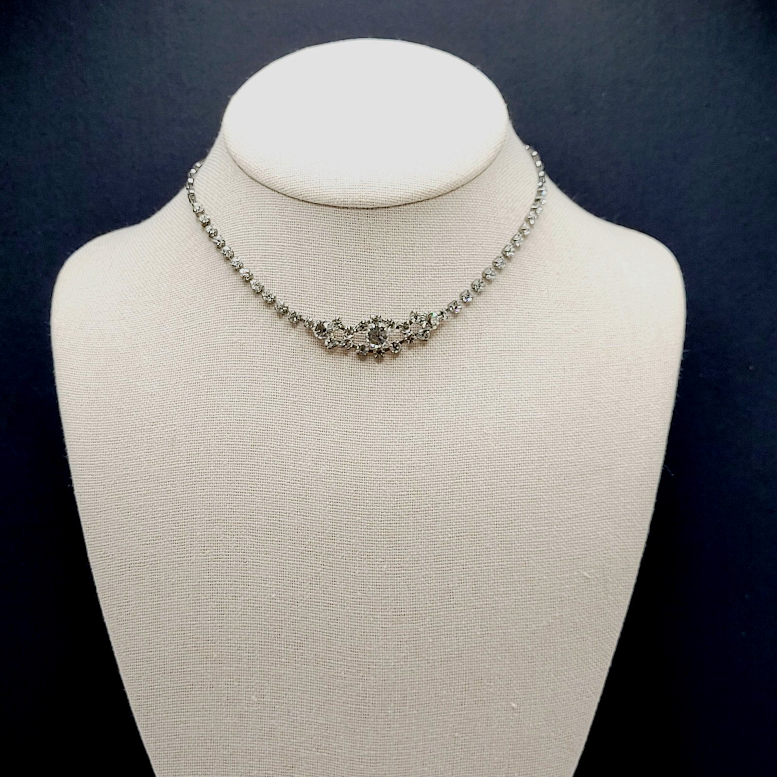 Dainty Rhinestone Choker Collar Art Deco Eye Part Chain Vintage Necklace 15 Inch