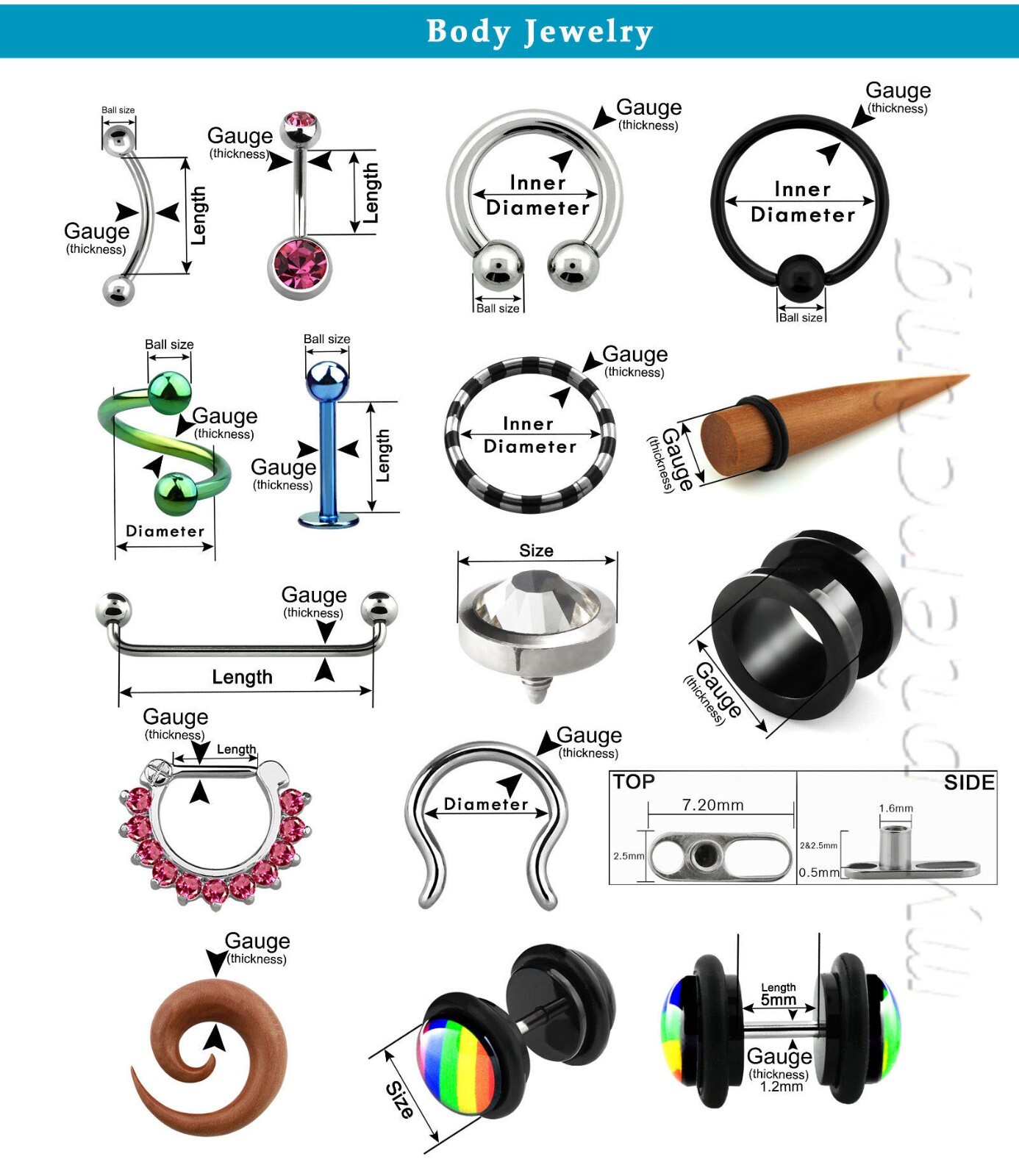 20g 18g 16g 14g 12g 10g Curved Barbell Eyebrow Ring Tongue Snake-Eyes Piercing