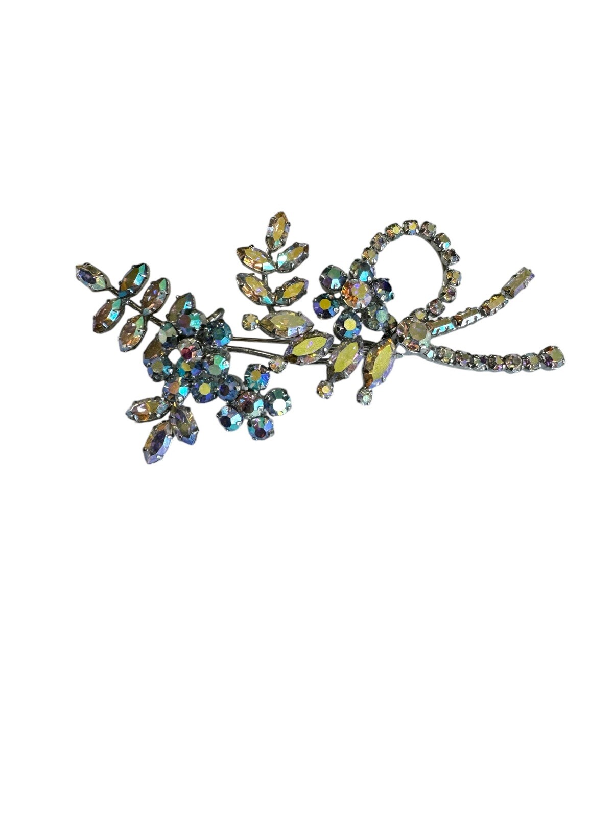 Vintage Unsigned Sherman ? AB Rhinestone Floral Brooch Pin 3-3/4”