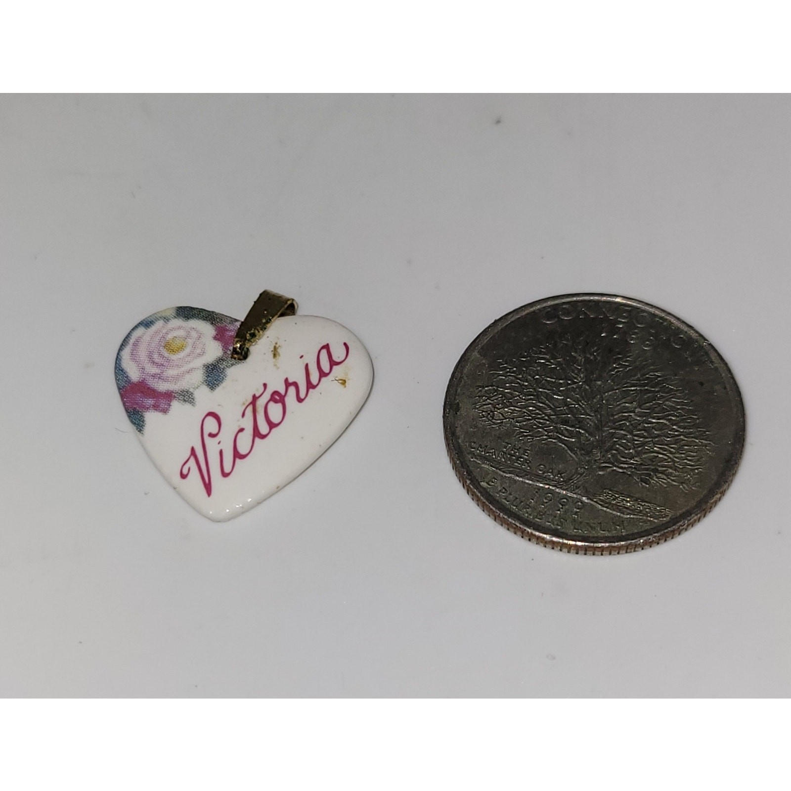 Victoria Heart Shaped Kiln Fired Porcelain Metal Bail Pendant ~ Flower graphic