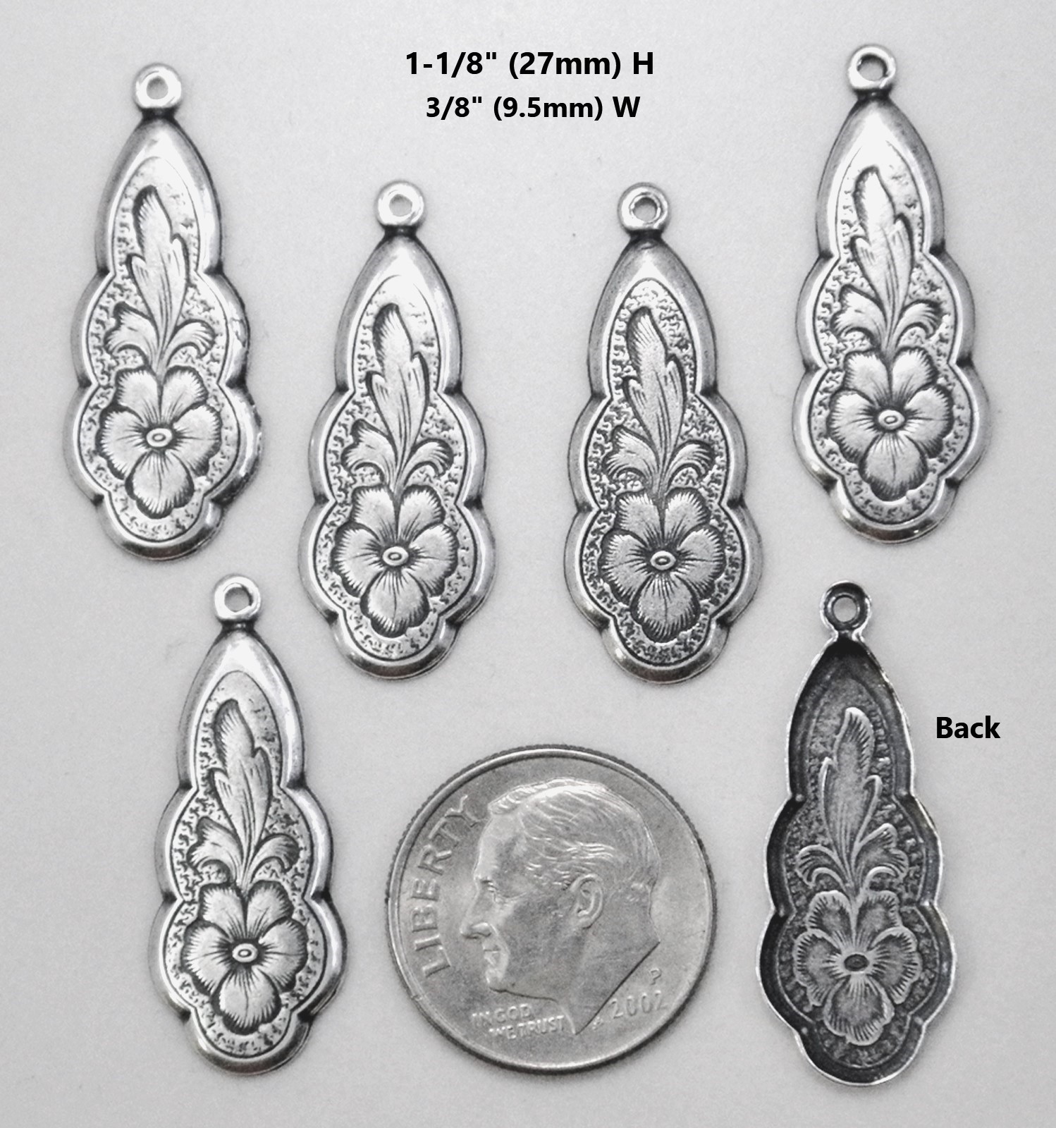#0145 ANTIQUED .925 STERLING SILVER PLATED FLORAL DROP W/TOP HANG RING – 6 Pcs