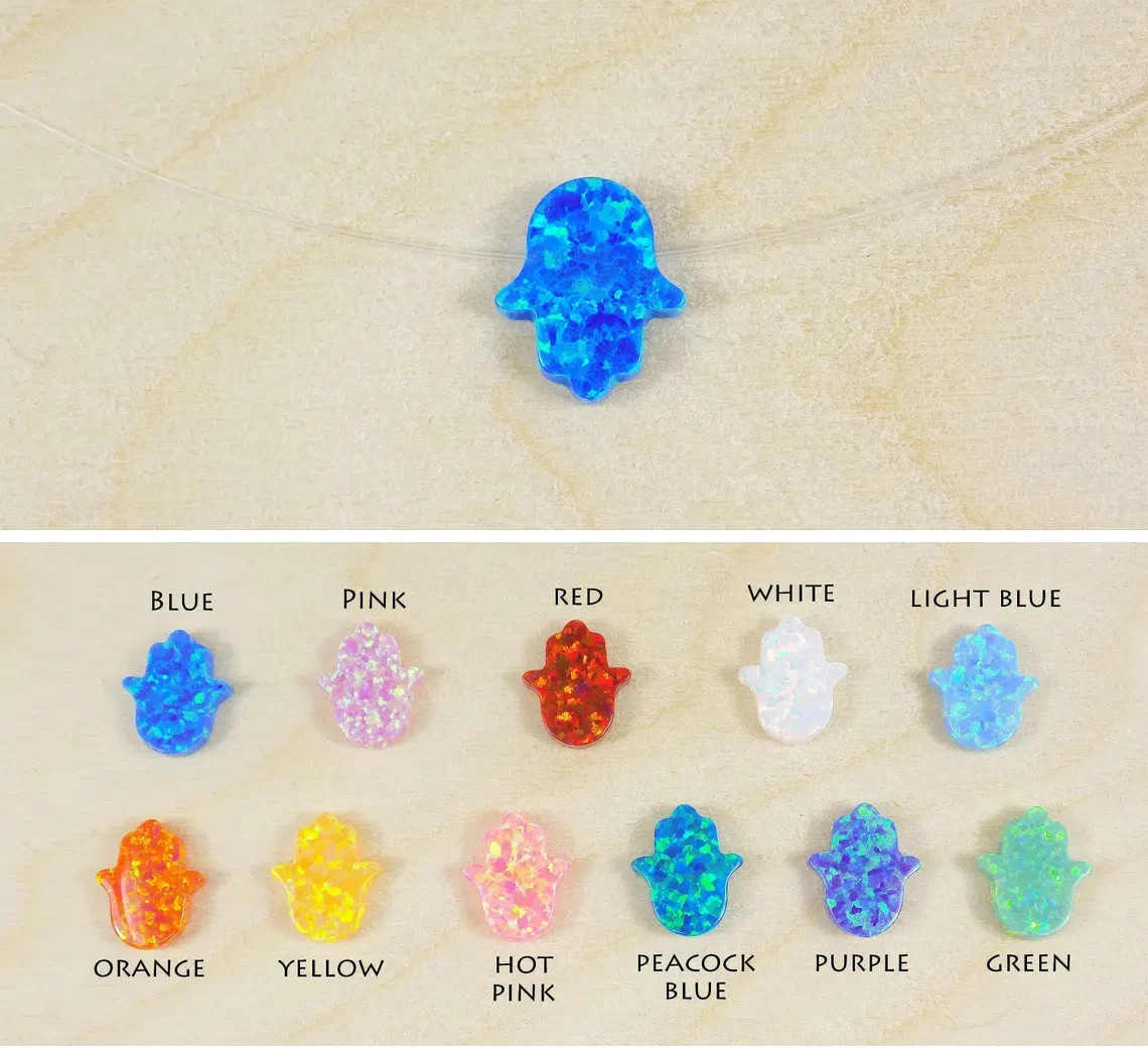 Opal Hamsa Hand Necklace Floating illusion Clear Fishing Line Nylon Silver Clasp