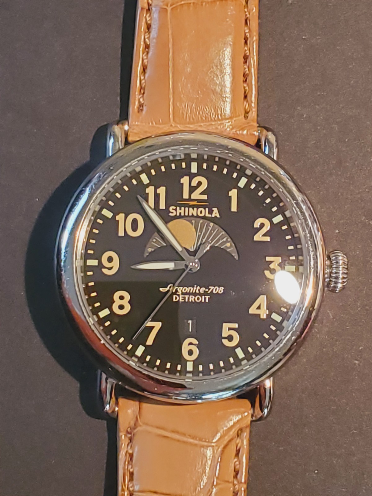 Shinola Runwell 41mm Moon Phase Watch, Argonite-708 Stainless, tan leather band