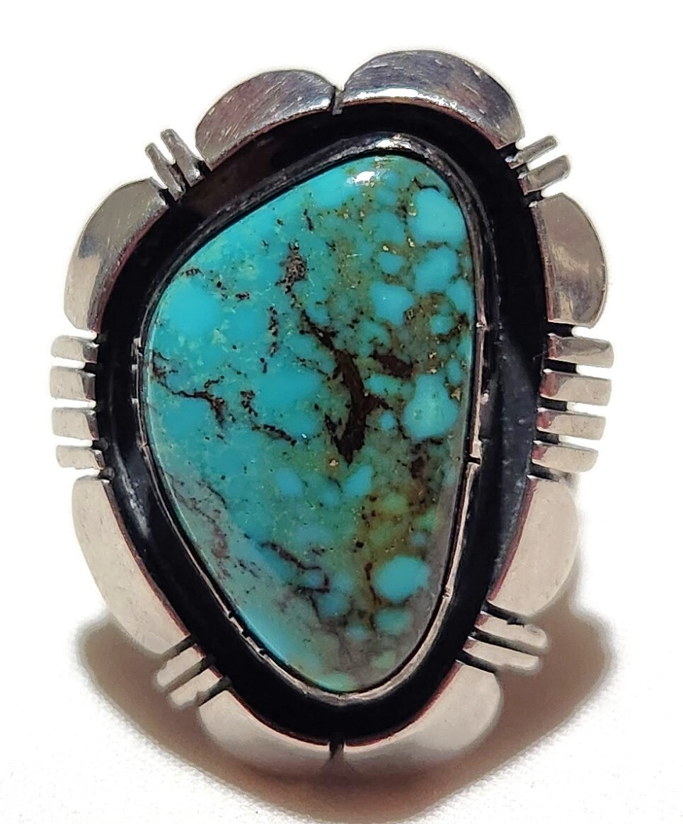Artist Signed Platero Navajo Morenci Turquoise Shadow Box Sterling Silver Ring
