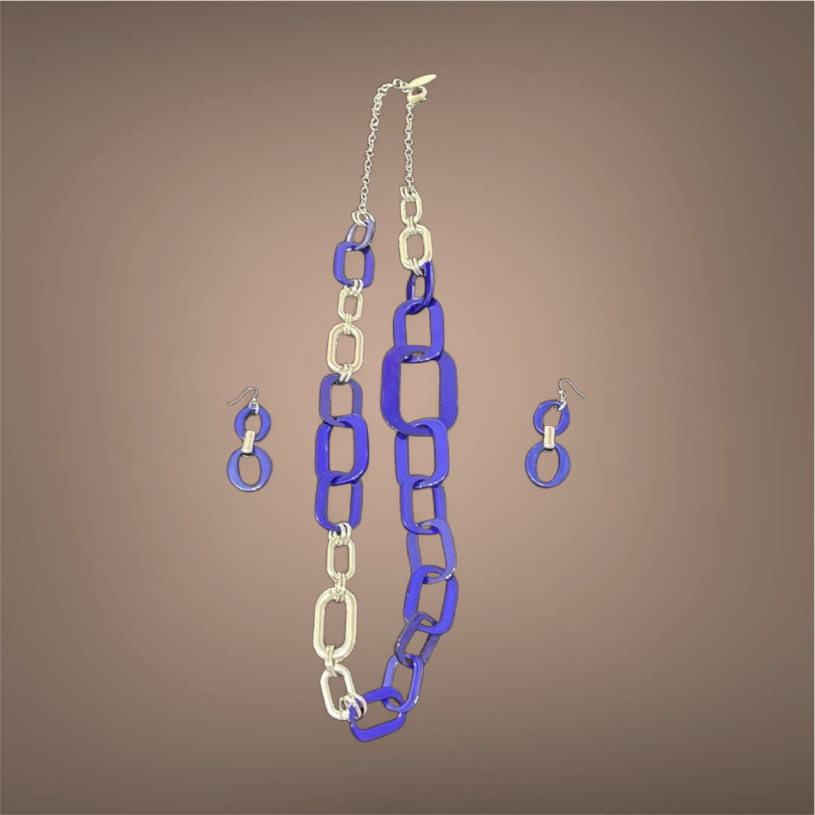 Chico’s Blue/Silver Chain Link Statement Necklace & Earrings Set 38” 92g,Signed