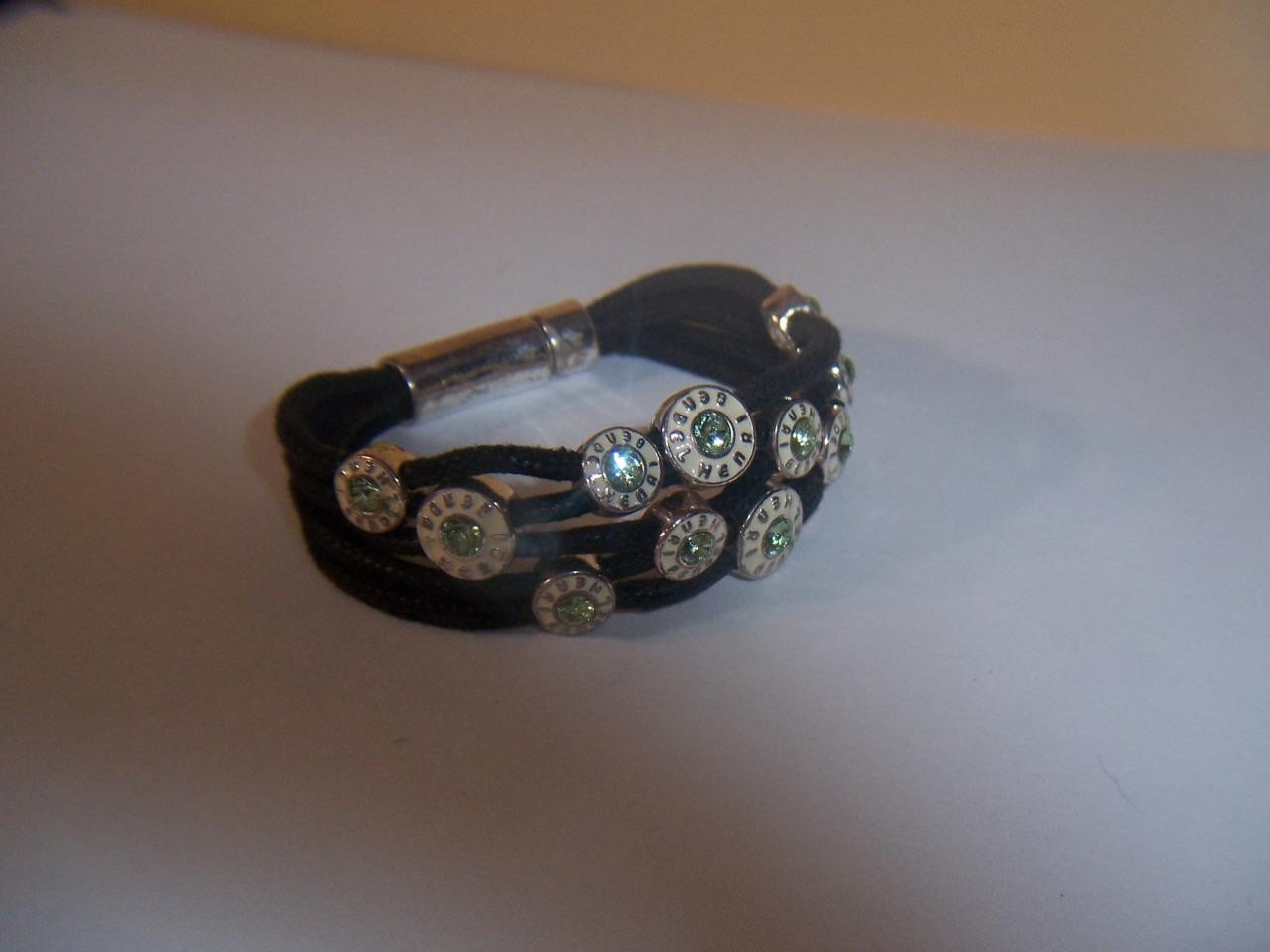 HENRI BENDEL BLACK CORD GREEN CRYSTAL SILVER TONE BRACELET 7 1/2 INCH