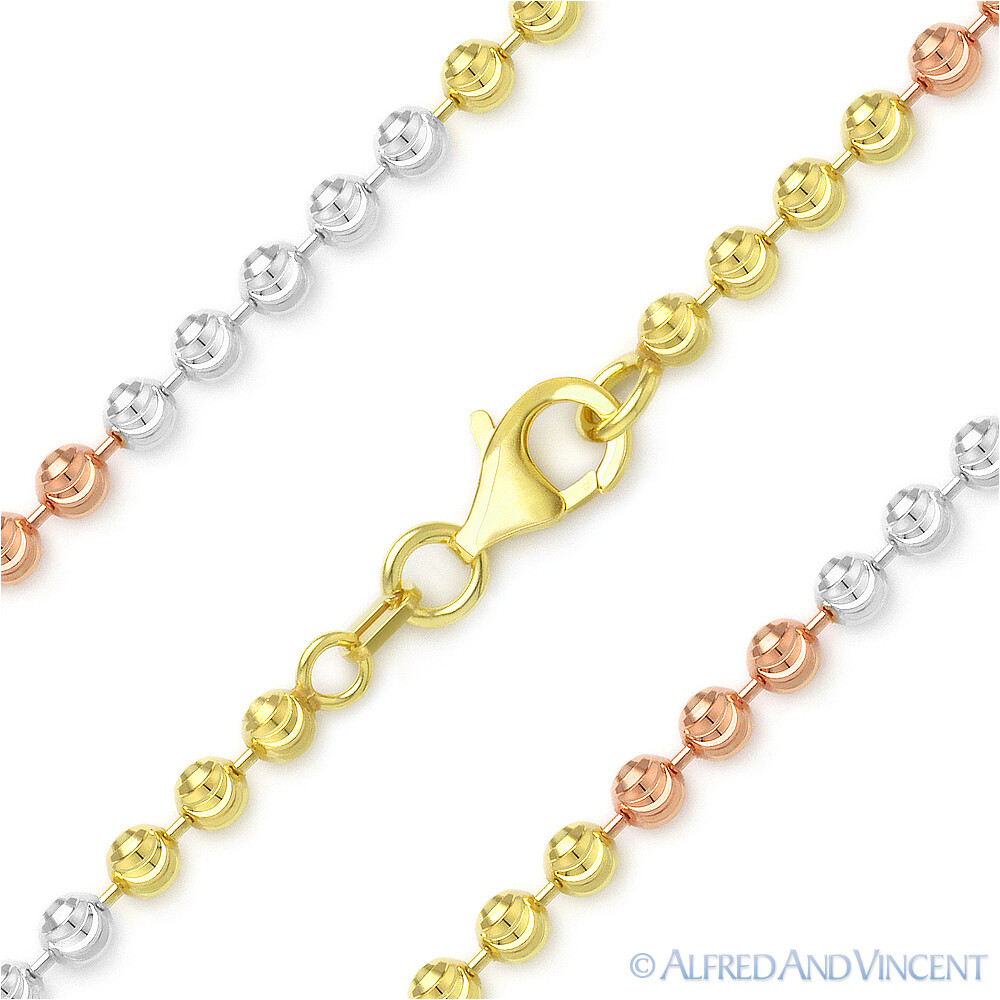 3mm Moon-Cut Ball Bead Link Tri-Tone .925 Sterling Silver Italian Chain Necklace