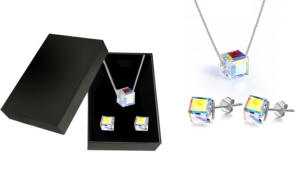 Aurora Borealis Square Crystal Cube Necklace & Stud Earrings Jewelry set