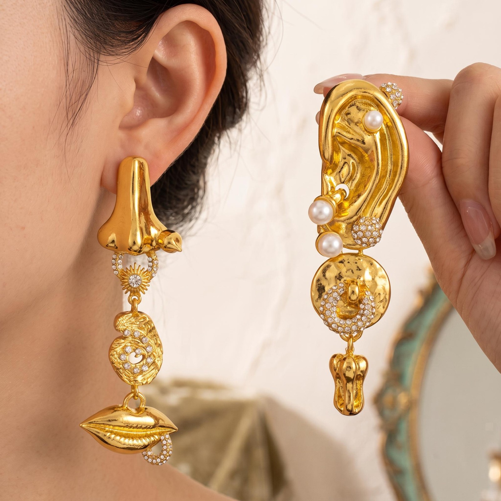 Gold Face Earrings Nose Ear Lip, Schiaparelli Style Asymmetrical Dangle