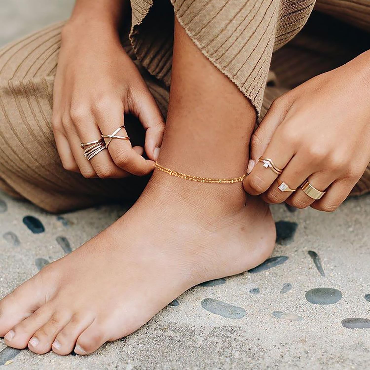 BENOITE 14K Gold Anklets for Women Gold Ankle Bracelets for Women Refined Dua…