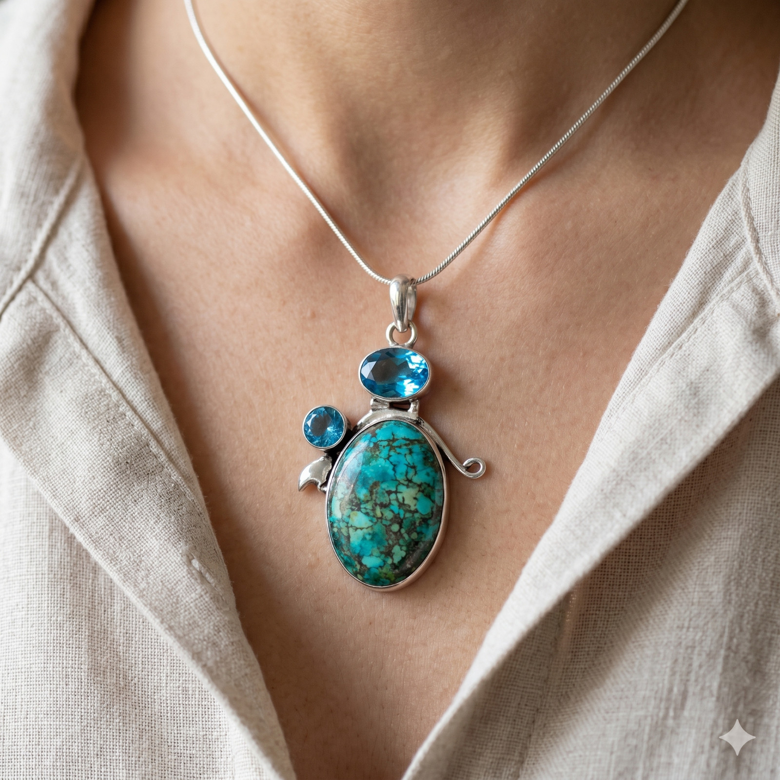 925 Silver Throat Chakra Natural TIBETAN TURQUOISE Blue Topaz Daughter Pendant