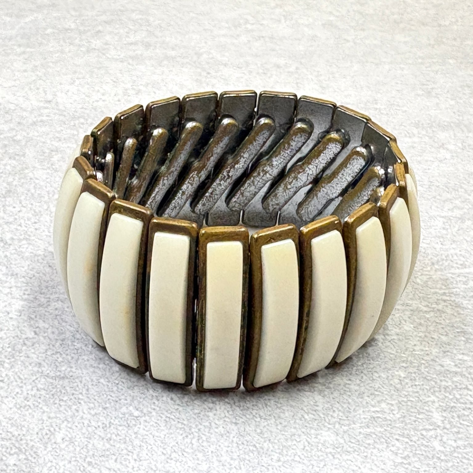 Stretch Panel Bracelet Cream Resin Bronze Tone Geometric Flexible