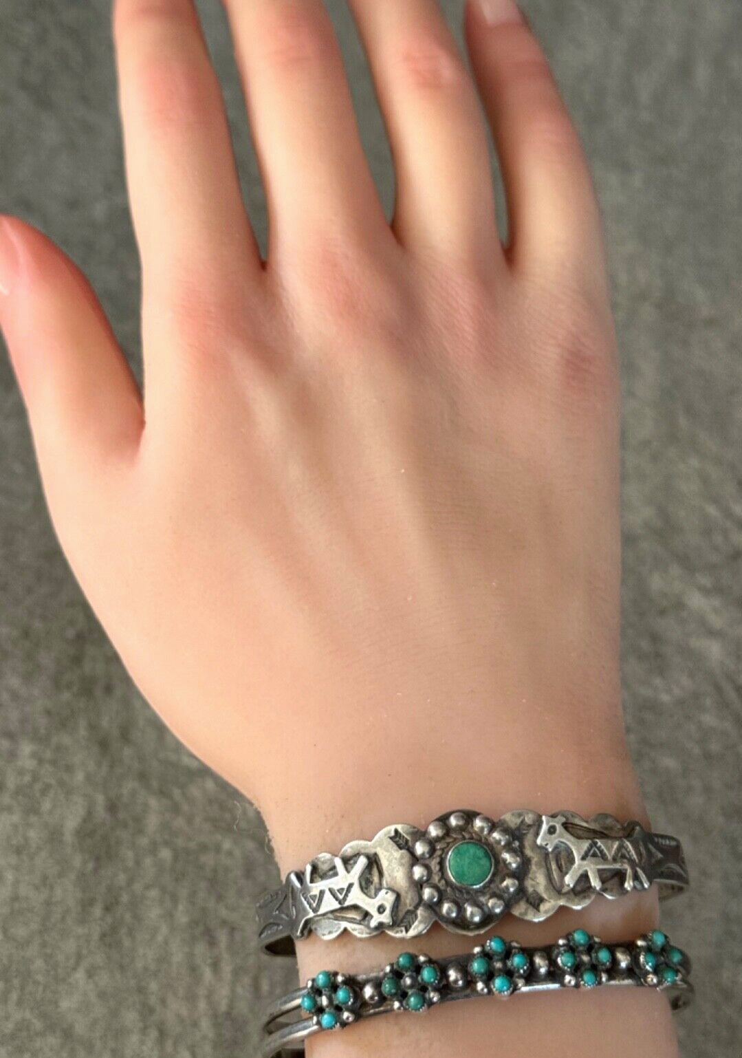 Vintage FRED HARVEY ERA Navajo Turquoise DOG HORSE Sterling Bracelet 6.7 in