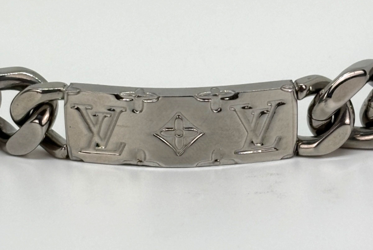 Authentic LOUIS VUITTON Silver Tone MONOGRAM CHAIN BRACELET M62486 w/ LV Box