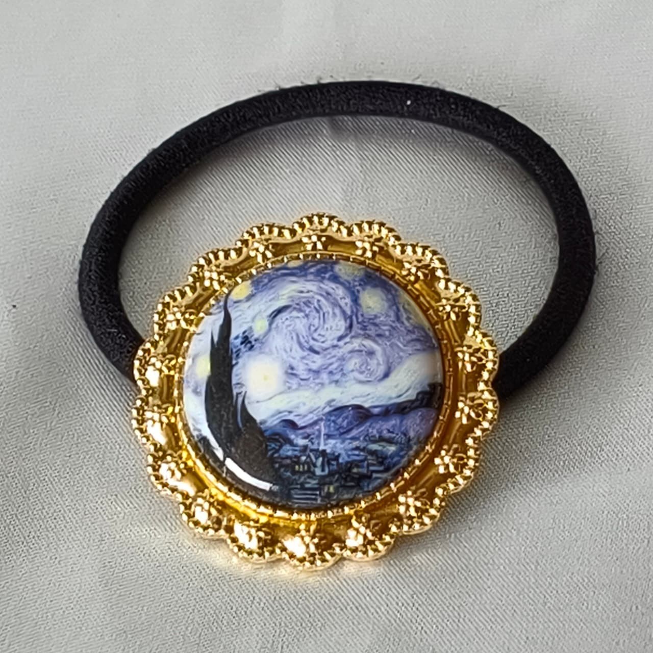 3Pc Vintage Ceramic Hair Ties Set Retro Gold Frame Elastic Ponytail Holder Women