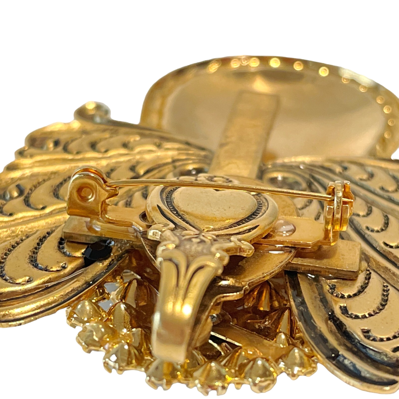 Large Artisan Angel Brooch Pendant – Rhinestone Head – Wings Bow w/ Hidden Cross