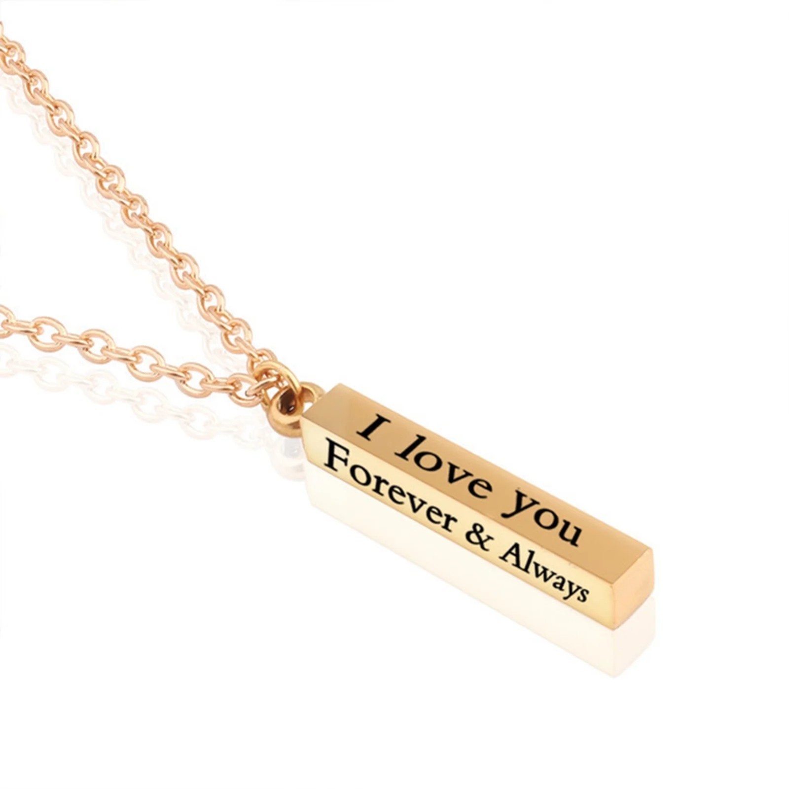 Gold Column Bar Necklace I Love You Forever & Always Romantic Pendant Gift