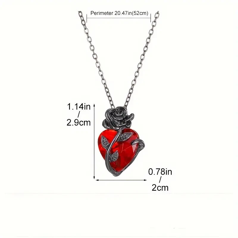 Rose Flower Pendent Necklace Gift Fashion Red Heart Shape Gemstone Jewelry Gift