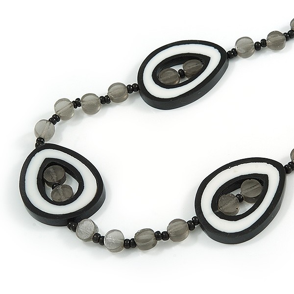 Gray/ White/ Black Resin and Glass Bead Long Necklace – 80cm L