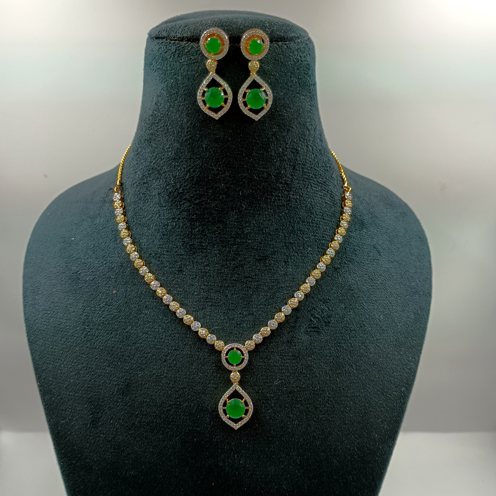 Gold Plated Round Stone Emerald Necklace Set South Indian Bridal Jewelry
