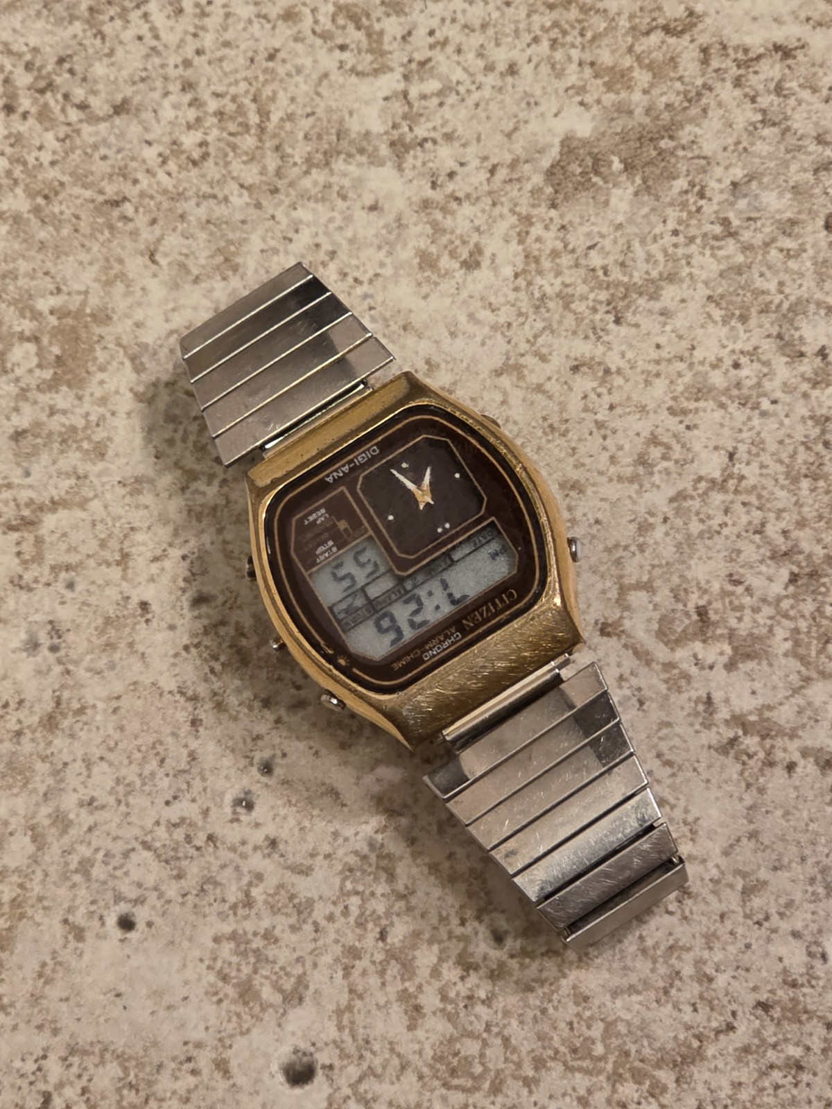 Citizen 41-9524 Gold/Brown Chrono Dual Time Digital Ana Watch * WORKING * READ