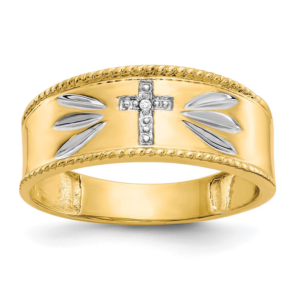 10k Yellow Gold & White Rhodium .01ct. Diamond Cross Wedding Band Ring Size 10