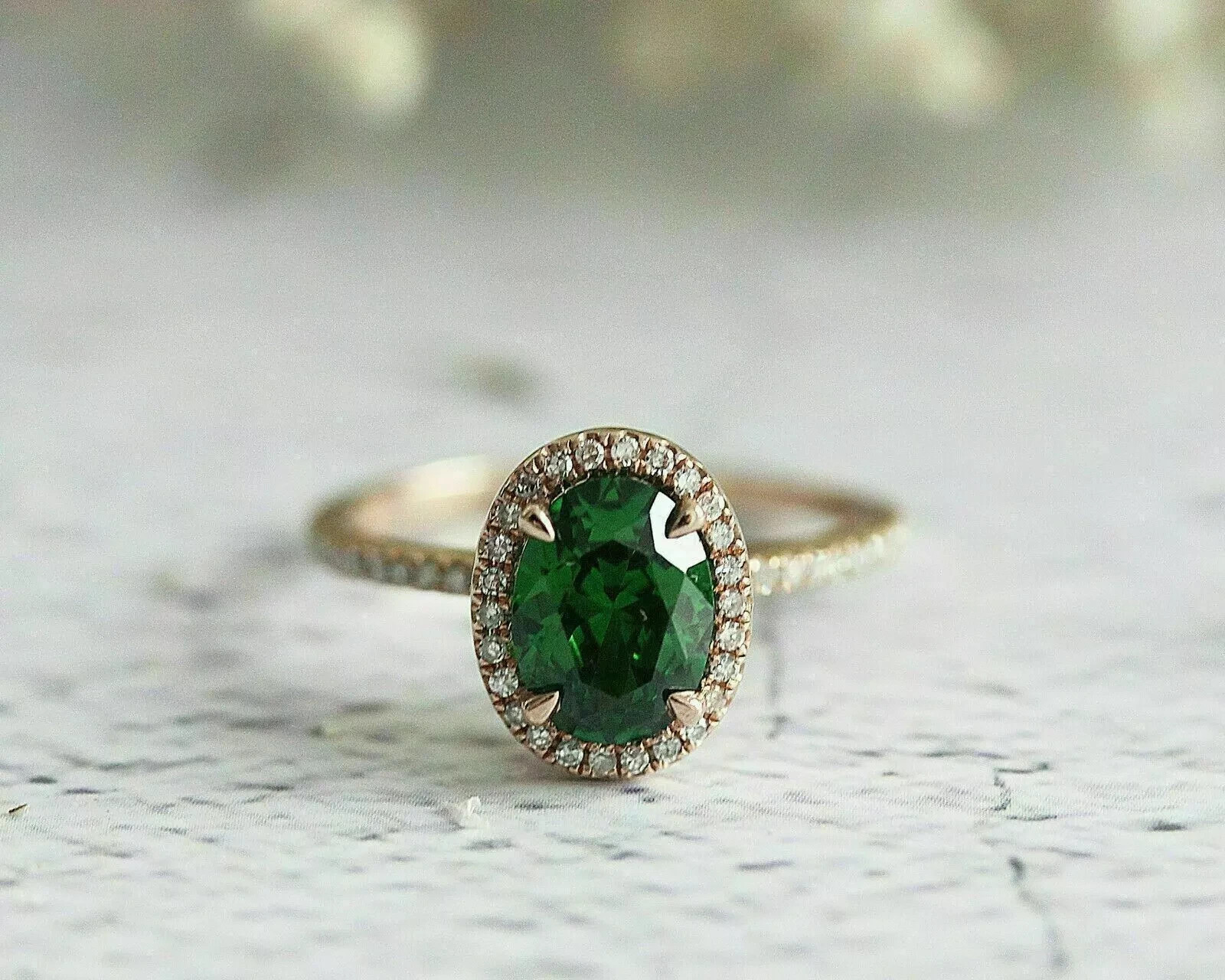 3.20Ct Oval Cut Lab-Created Green Emerald & Diamond Ring 14k Yellow Gold Finish