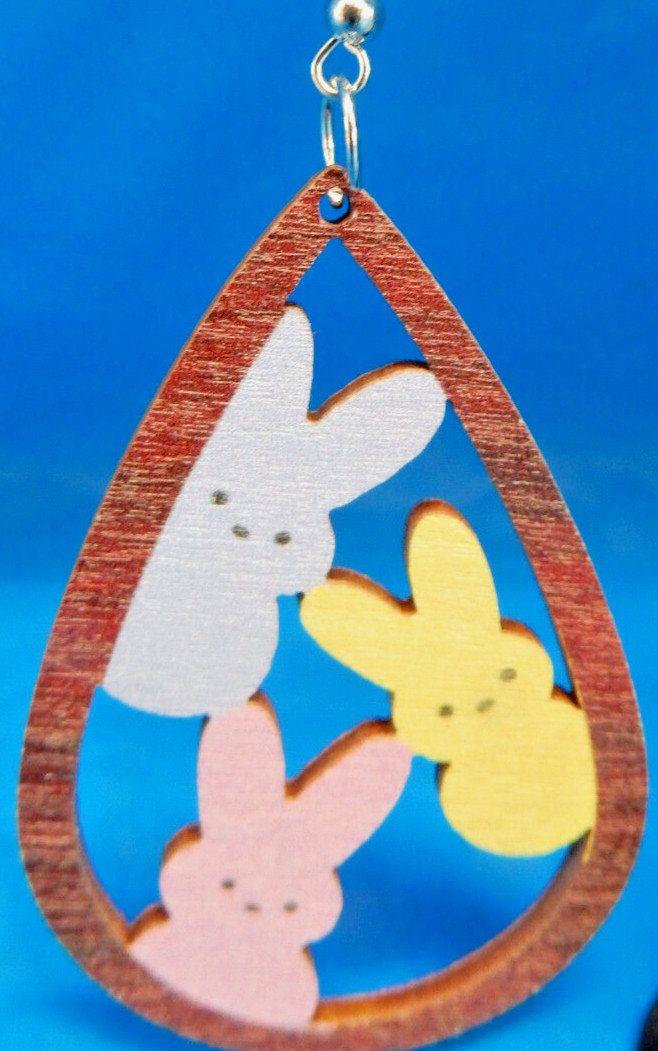 A-DOR-ABLE PEEPS BUNNY WOODEN CUTOUT EARRINGS, PERFECT 4 EASTER, SPRING, ANYTIME