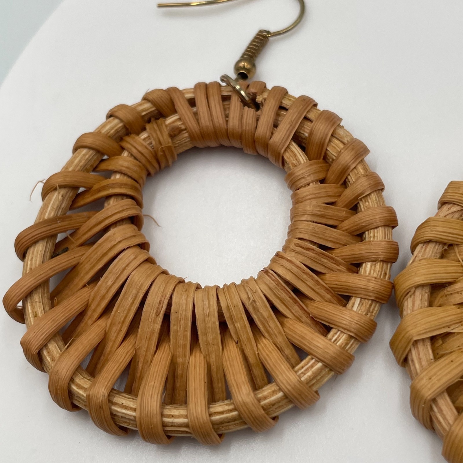 Vintage Boho Woven Rattan Straw Bamboo Open Hoop Large Statement Drop Earrings
