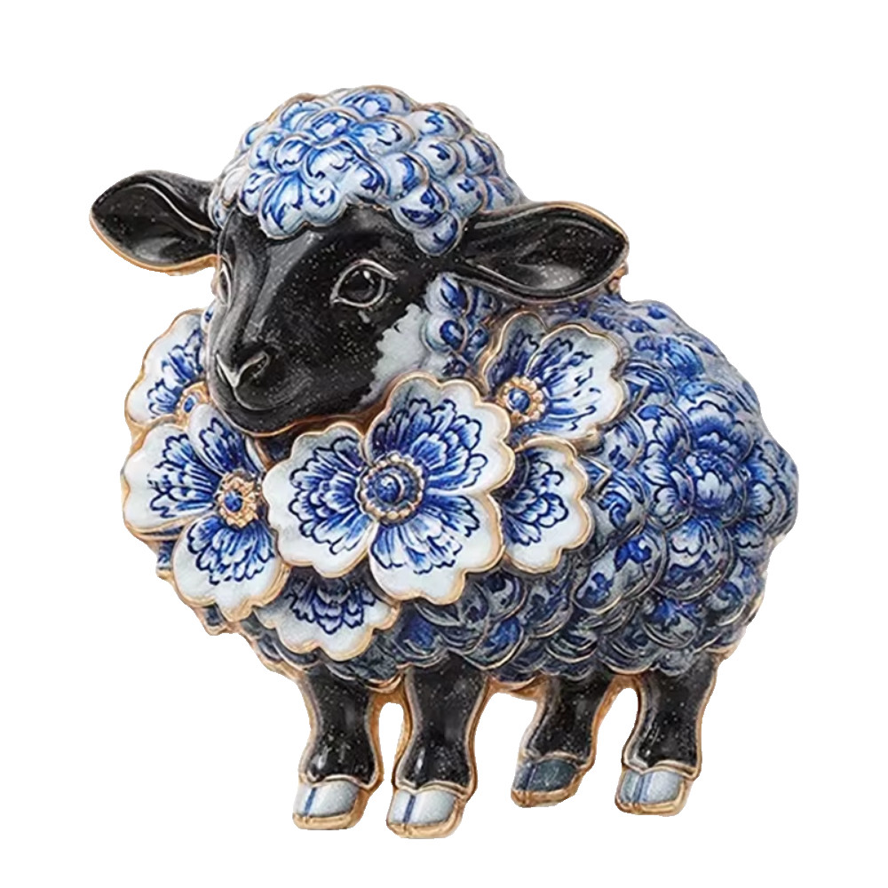 Blue White Sheep Flower Brooch Enamel Floral Animal Pin Gold Tone Jewelry Gift