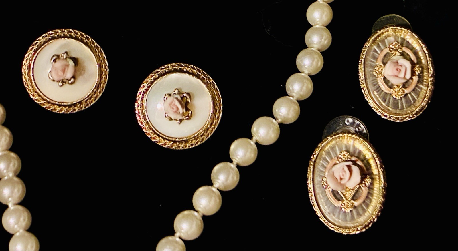 Vintage Romantic Jewelry Lot 1928 NOS Brooch Rose Earrings Pearls Necklace Etc