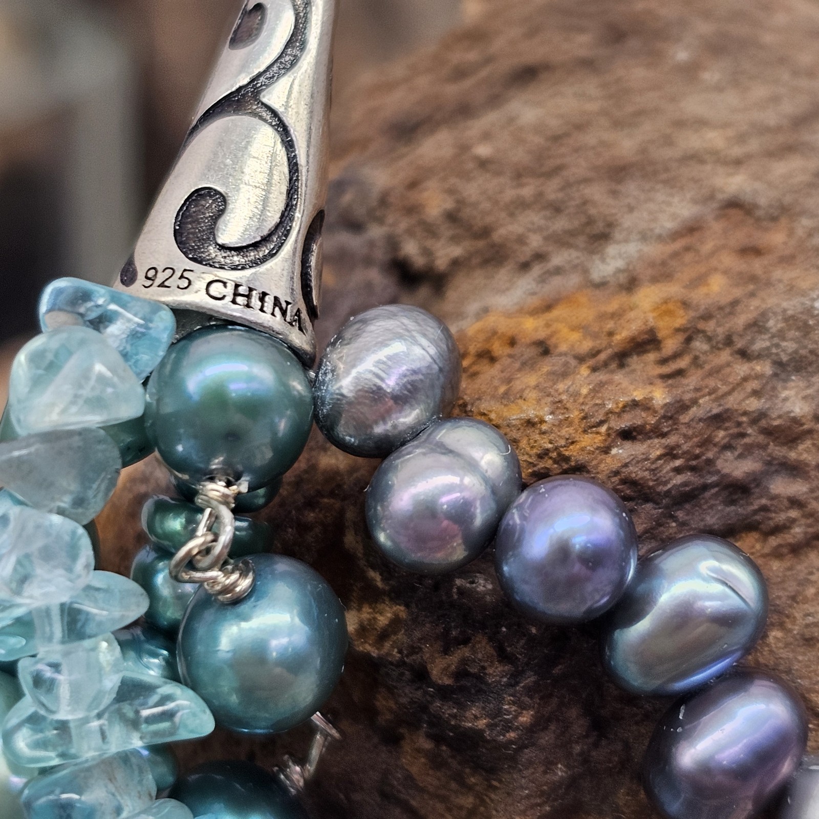 925 Sterling Multi Strand Pearl Apatite Quartz Beaded 17″+ Necklace Blues