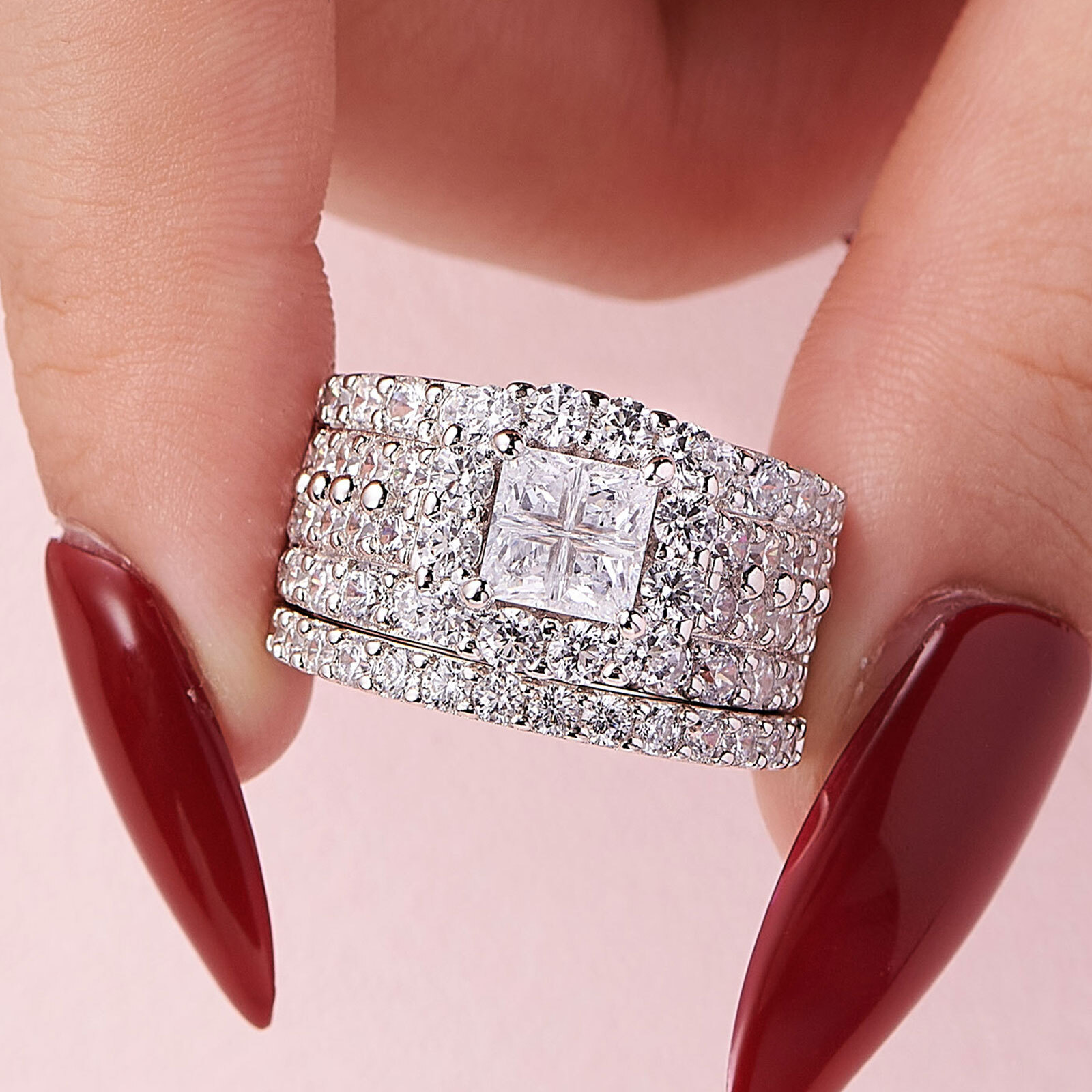 Wuziwen Big Wedding Engagement Ring for Women Heavy Silver Pure Sterling Silver